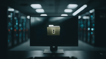 Poster - Data Security: An elegant portrayal of a locked folder icon displayed prominently on a sleek monitor, conveying the crucial concept of information protection.
