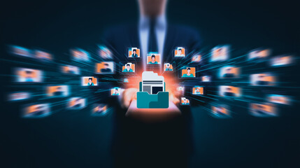 Fototapete - Data Cloud Connection: a conceptual image representing data sharing, network, and connectivity. Person holding the file.