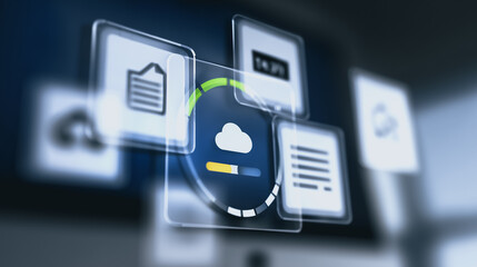 Poster - Cloud Data Management: Futuristic display of data icons merging on a glass screen symbolizing seamless cloud management and information flow.
