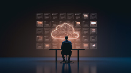 Poster - Data Analyst at Work: A lone figure sits before a wall of screens displaying data streams, a glowing cloud computing symbol at the center.