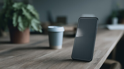 Poster - Smartphone on Wooden Table: A sleek smartphone stands upright on a rustic wooden table, next to a disposable coffee cup and potted plant, creating a minimalist, modern workspace scene.
