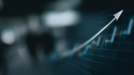Poster - Market Growth: A close-up shot of a stock market graph with an upward-pointing arrow, symbolizing growth and progress. The blurred background subtly suggests an active market environment. 