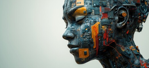 Poster - Futuristic humanoid robot head with intricate circuit board design and glowing elements