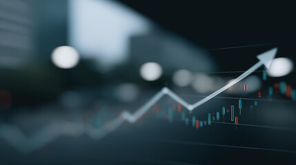 Poster - Financial Growth in the City: A dynamically illustrated arrow charts the upward trajectory of market progress, set against the backdrop of a blurred metropolitan skyline.