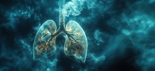 Poster - 3D illustration of glowing human lungs surrounded by ethereal smoke and light effects