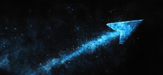 Poster - Blue glowing arrow in cosmic space with stars and particles