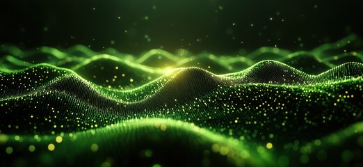 Poster - Abstract green wave landscape with glowing particles and depth effect