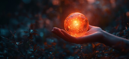 Poster - Glowing Orb of Energy Held in Hand Surrounded by Nature's Beauty
