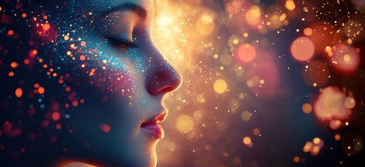 Poster - Ethereal portrait of a woman with sparkling particles and vibrant bokeh background