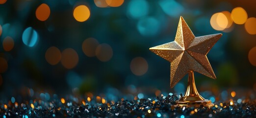 Poster - Golden star trophy on sparkling background with bokeh lights for awards and celebrations