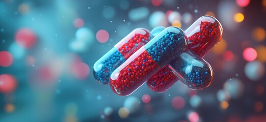 Poster - Colorful capsules with red and blue beads floating in a vibrant background