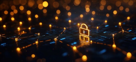 Fototapete - Digital security concept with glowing lock symbol on network background