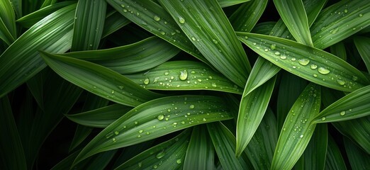 Poster - Lush green leaves with water droplets creating a fresh and vibrant natural background