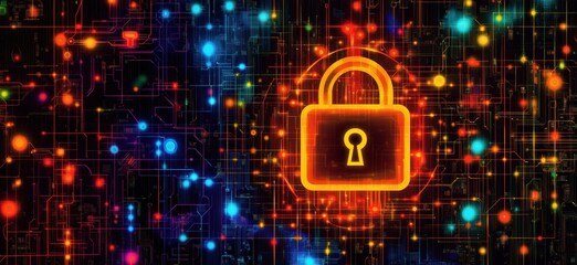 Fototapete - Digital security lock symbol on vibrant abstract technology background with glowing circuits
