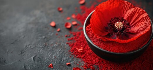 Poster - Vibrant red poppy flower atop bowl of red powder on dark textured background