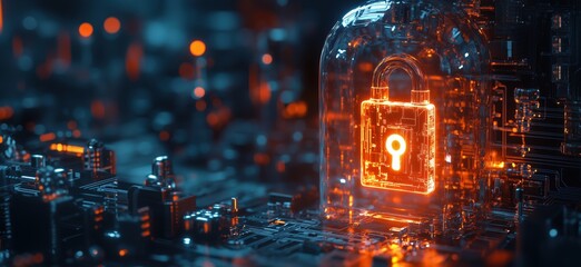 Fototapete - Digital security concept with glowing padlock in futuristic circuit environment