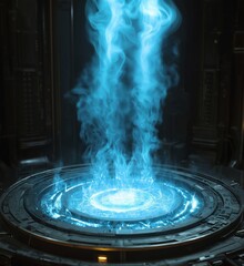 Poster - Futuristic energy portal with glowing blue mist and intricate technology background