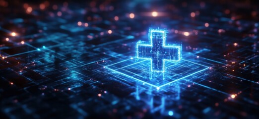 Poster - Digital health symbol glowing in futuristic technology landscape with circuits and lights