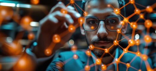 Poster - scientist analyzing molecular structure with 3D model in laboratory setting