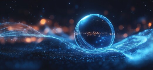 Poster - Glowing blue sphere surrounded by luminous waves and sparkling lights in dark background
