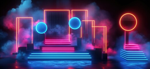 Poster - Neon geometric shapes and glowing platforms in vibrant smoke-filled environment