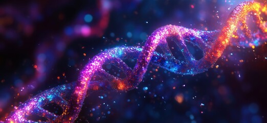 Poster - Colorful glowing DNA strand in abstract cosmic background with vibrant particles