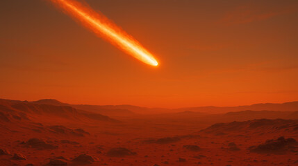 Wall Mural - a bright meteor travels through the red sky above mars, illuminating the rugged terrain below. colon