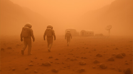 Wall Mural - three astronauts walk through dense martian dust, engaged in exploration activities