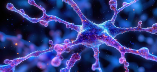Poster - Colorful 3D rendering of neuron with synapses and dendrites in vibrant colors