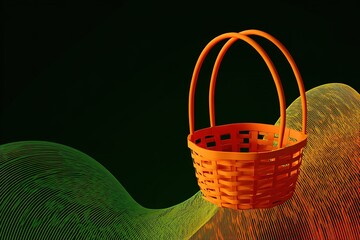 Fototapete - Bright orange plastic basket floating against an abstract green and yellow wave background in a modern design setting