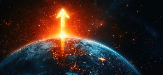 Poster - Earth with glowing upward arrow symbolizing growth and progress in cosmic space