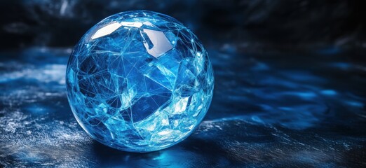 Poster - Blue crystal sphere with intricate patterns reflecting light on dark background