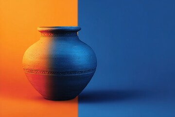 Poster - Unique clay pot captured in artistic lighting showcasing contrasting colors in a creative display