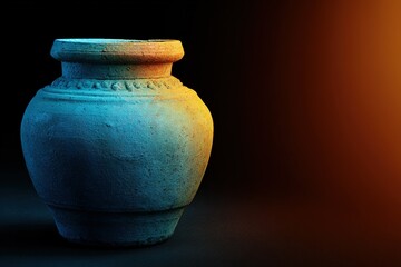 Poster - Ceramic pot illuminated by warm light, showcasing rich textures and craftsmanship in an artistic setting