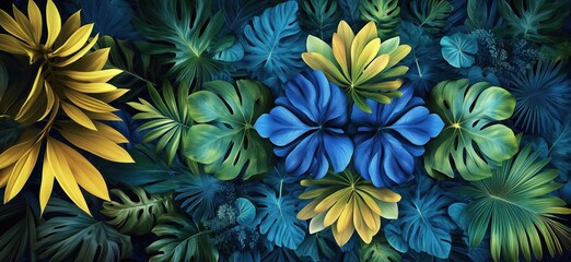 Poster - Vibrant tropical foliage arrangement featuring blue and yellow leaves