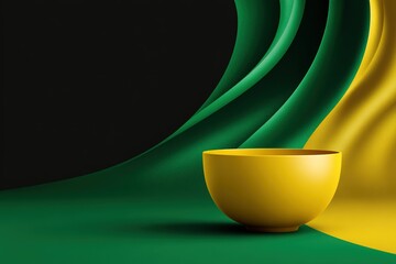 Aufkleber - Vibrant yellow bowl positioned on flowing green and black fabric backdrop creating a minimalistic and modern aesthetic