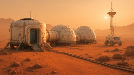 Wall Mural - mars colonization shows futuristic habitats connected by cables, an exploration vehicle parked nearb