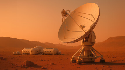 Wall Mural - a communication satellite dish stands prominently on the red martian surface, with a futuristic habi