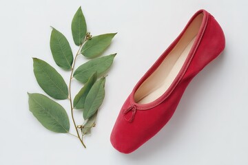 Poster - Red ballet shoe placed beside green leaves on a light background in a minimalist setting
