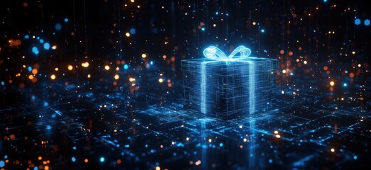 Poster - Glowing digital gift box with blue lines and sparkling lights in futuristic background