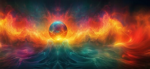 Poster - Vibrant cosmic sphere surrounded by fiery abstract waves and colorful energy patterns