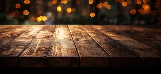 Poster - Wooden table surface with warm bokeh lights in background creating cozy atmosphere