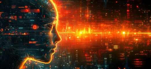 Poster - Futuristic digital silhouette of a human head with glowing circuitry and data streams