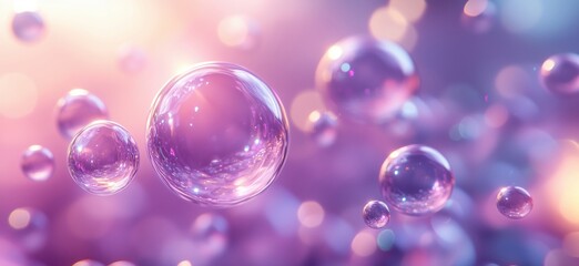 Poster - Colorful soap bubbles floating in dreamy pastel background with soft bokeh effect