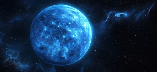 Poster - Futuristic glowing blue planet with interconnected network lines in deep space