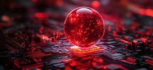 Poster - Futuristic red orb on circuit board representing advanced technology and digital innovation