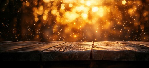 Poster - Golden bokeh background with wooden table for festive celebrations and events