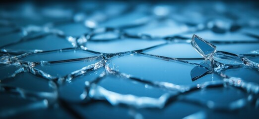 Poster - Shattered Glass Surface with Blue Reflection and Intricate Patterns