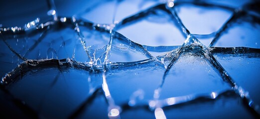 Poster - Shattered glass pieces reflecting blue light in abstract artistic composition