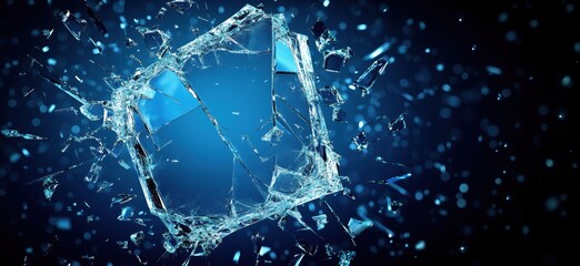Aufkleber - Shattered glass pieces exploding in dynamic motion against a blue background